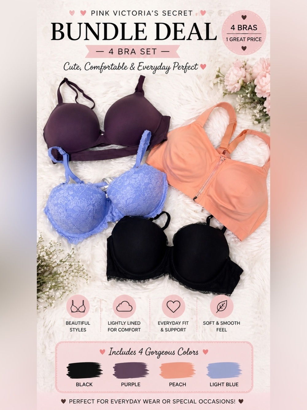 Bundle Deal* PINK Victoria's Secret Bra Set - Black, Purple, Peach, Light Blue